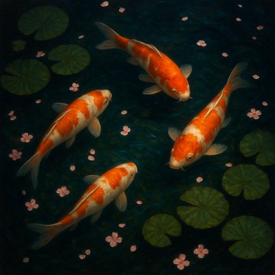 A koi pond seen from above, orange and white koi fish swimming among lily pads, clear water with subtle ripples, fallen cherry blossom petals floating on the surface, dappled sunlight