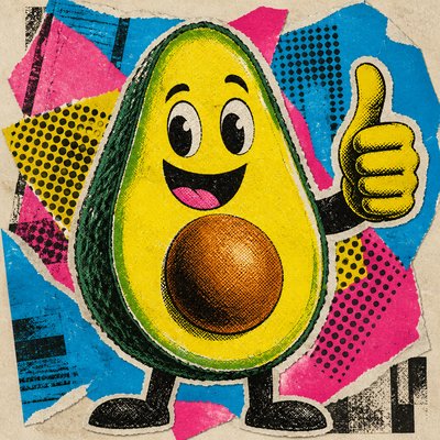 a happy avocado character giving a thumbs up, bold readable design on a plain background, no text