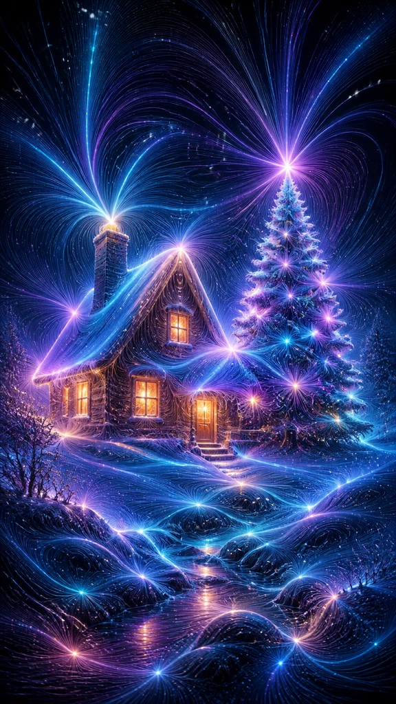 a snow-covered cottage with warm glowing windows beside a decorated pine tree, gentle snowfall, no text