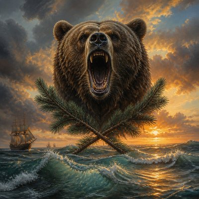 a roaring bear head above crossed pine branches, bold graphic composition on a plain background, no text