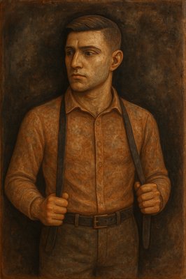 a painting of a man with suspenders and a shirt