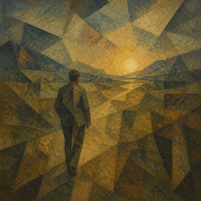 a solitary figure walking toward a glowing horizon across an empty plain, moody atmosphere, no text or lettering