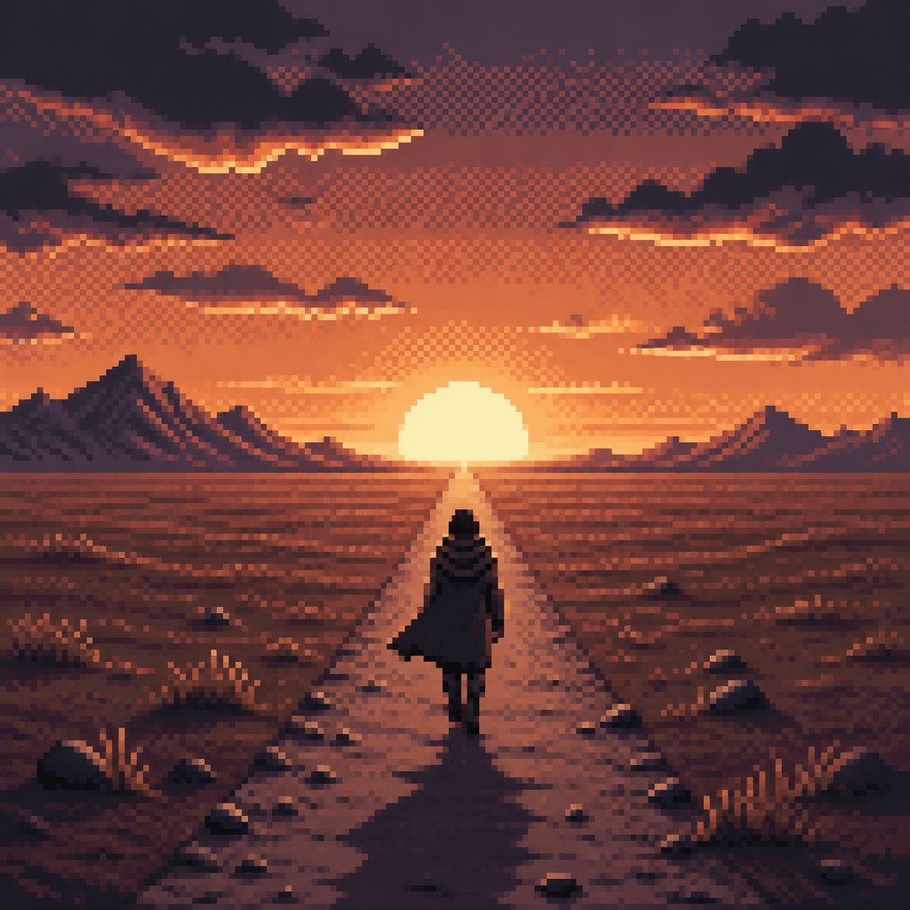 a solitary figure walking toward a glowing horizon across an empty plain, moody atmosphere, no text or lettering