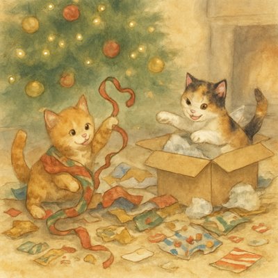 Soft Pastel Watercolor Style, Children's Storybook Illustration, a heartwarming scene under a decorated Christmas tree. Two fluffy kittens, one a ginger tabby and the other a calico, are joyfully playing in a chaotic pile of discarded Christmas wrapping paper, ribbons, and bows. The ginger kitten is tangled in a long piece of shiny red and green paper, batting at a curled ribbon. The calico kitten is pouncing from inside a torn open cardboard gift box, surrounded by crumpled tissue paper. Torn pieces of colorful wrapping paper (gold foil, snowman patterns, stripes) and empty gift tags are scattered everywhere on a plush rug. The Christmas tree above them is glowing with warm fairy lights and decorated with traditional ornaments. The background is a cozy living room with a fireplace.