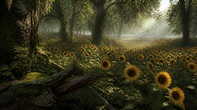 an endless field of sunflowers under summer clouds, no people