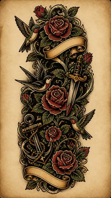 a climbing vine of flowers and hummingbirds on a dark background, tall wrapping composition, no text