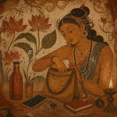 still life with everyday objects — Ancient Indian Mural Art Style