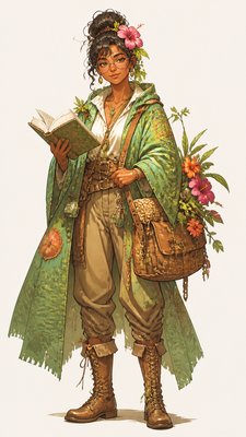 full-body original character: a wandering botanist with a satchel of plants, a patched green cloak, tall boots and round glasses, neutral background
