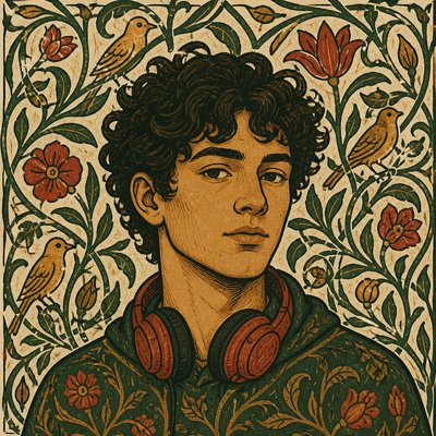 head-and-shoulders portrait of an original character: a young man with curly dark hair and headphones around his neck, plain backdrop, no text