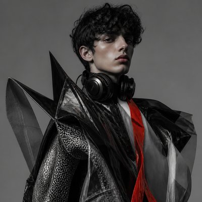 head-and-shoulders portrait of an original character: a young man with curly dark hair and headphones around his neck, plain backdrop, no text