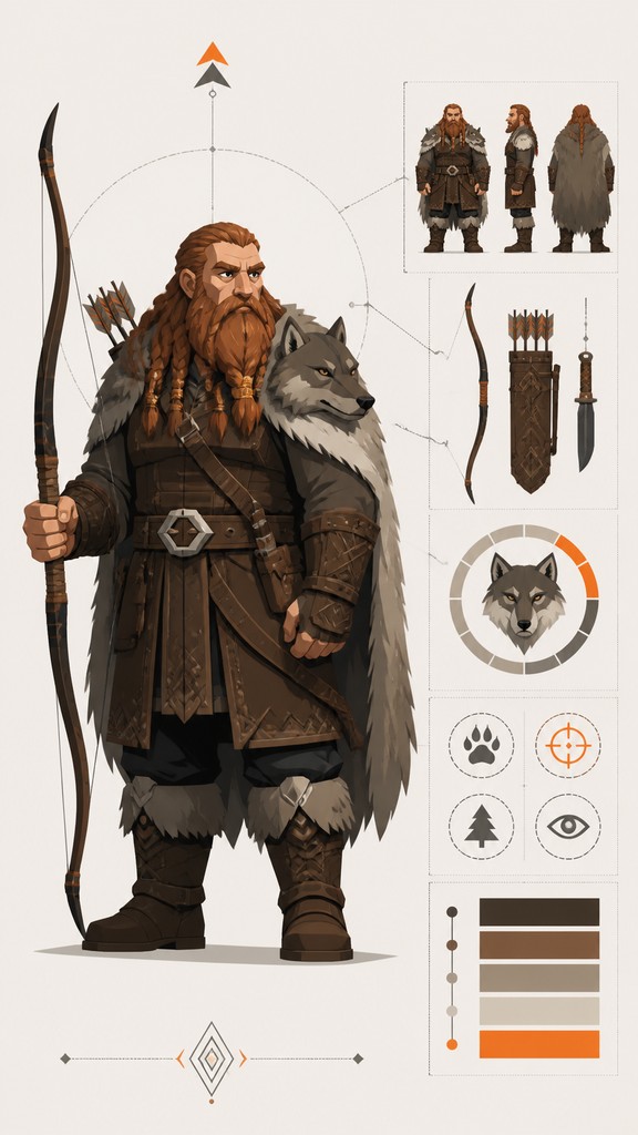 full-body original character: a dwarven ranger with a braided auburn beard, worn leather armor, a longbow and a wolf-pelt cloak, neutral background, no text