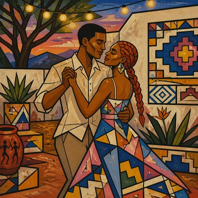 an original couple dancing under string lights in a garden at dusk: a man with short black hair in a linen shirt and a woman with braided red hair in a summer dress