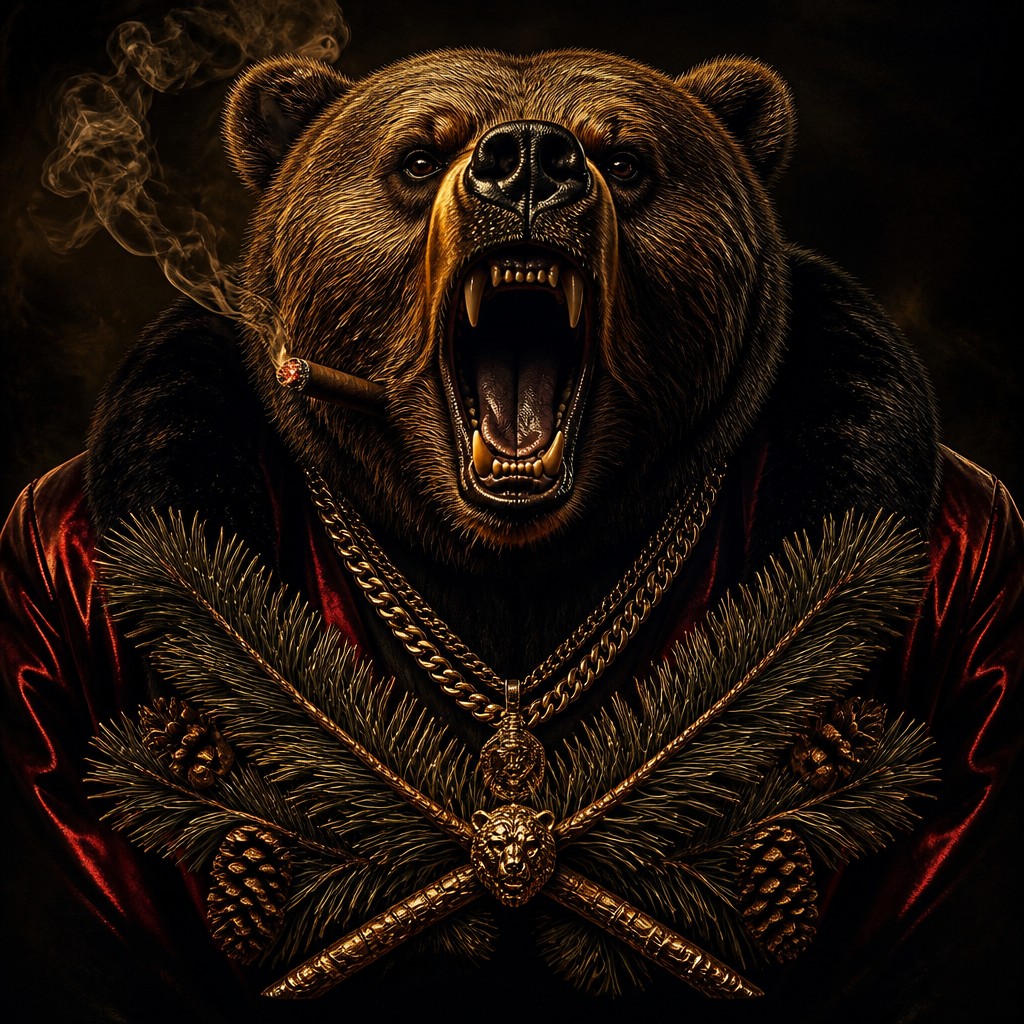 a roaring bear head above crossed pine branches, bold graphic composition on a plain background, no text