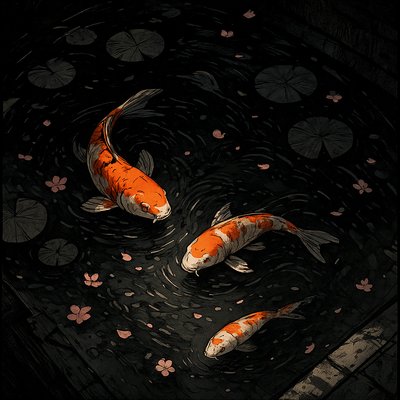 A koi pond seen from above, orange and white koi fish swimming among lily pads, clear water with subtle ripples, fallen cherry blossom petals floating on the surface, dappled sunlight