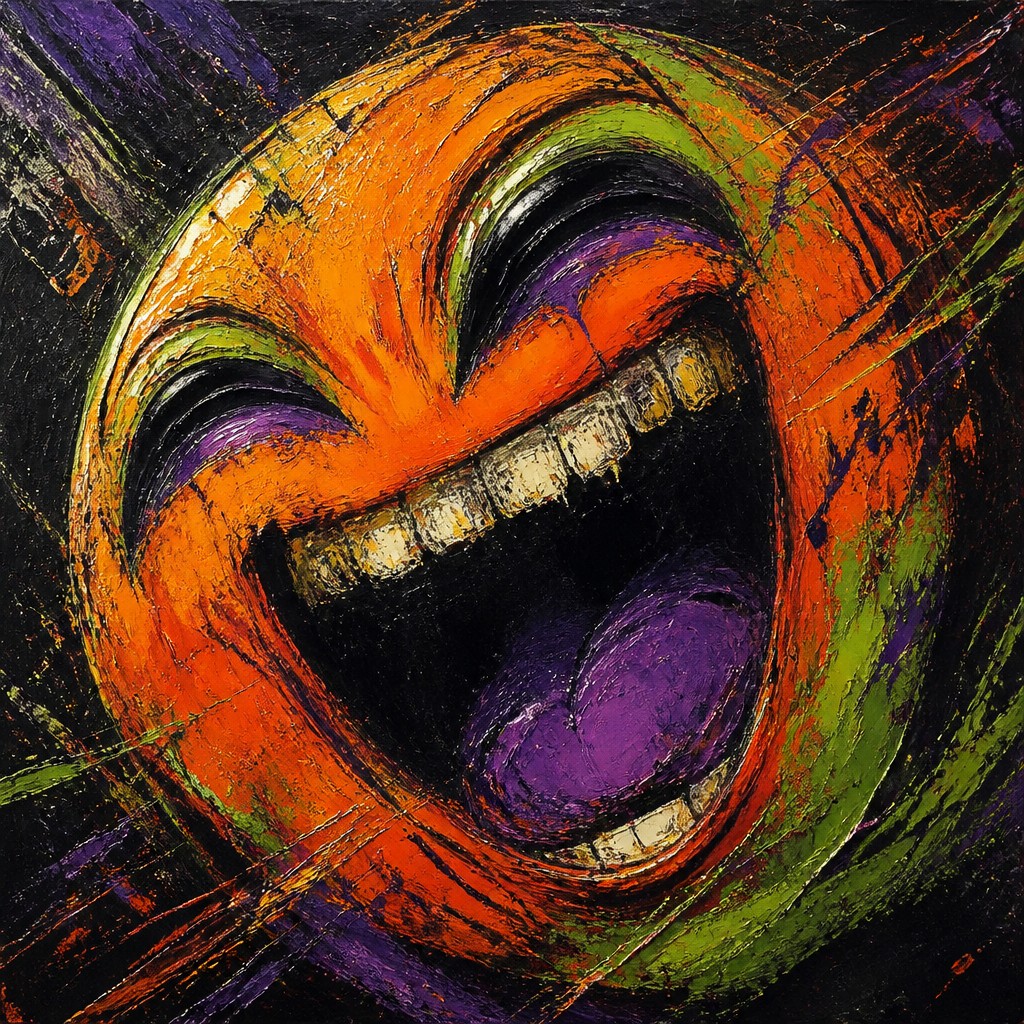 an exaggerated laughing face of an original round mascot character, bold and readable at small size, plain background, no text