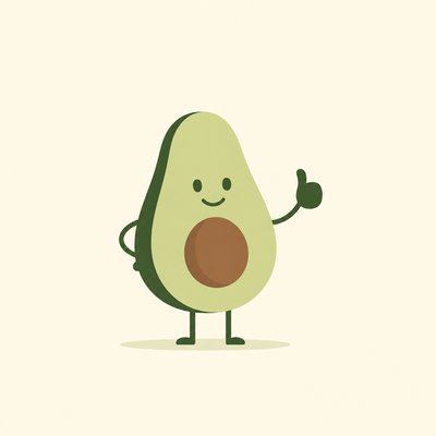 a happy avocado character giving a thumbs up, bold readable design on a plain background, no text
