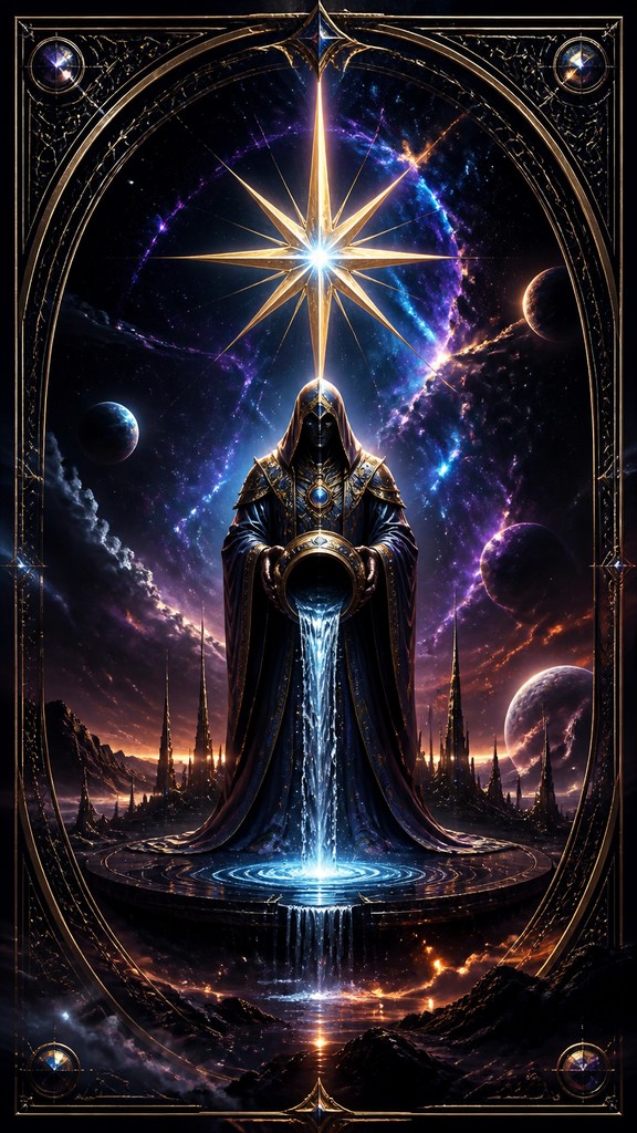 a robed figure pouring water beneath a large eight-pointed star in a night sky, symmetrical composition with an ornate decorative border, no text