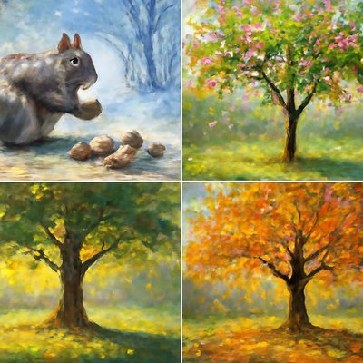 A grey squirrel gathers nuts in early winter at first snowfall. A grey squirrel finds a stash of nuts in spring, A nut grows into a tree in summer, a tree with lots of nuts under it in fall.