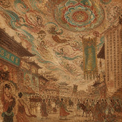 urban street with city activity — Dunhuang Art Style