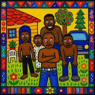 a painting of a family standing in front of a house
