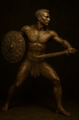 a bronze statue of a man holding a shield and a sword