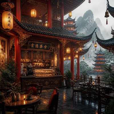 cozy cafe interior with warm lighting