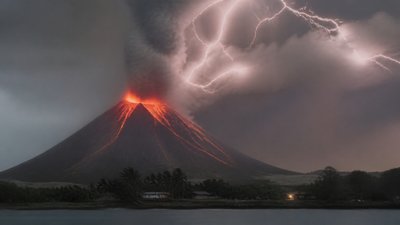an erupting volcano with lightning strikes, dramatic wide composition, no text