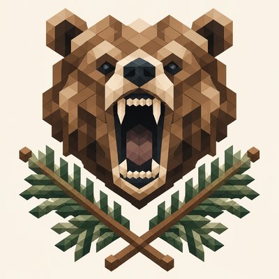a roaring bear head above crossed pine branches, bold graphic composition on a plain background, no text