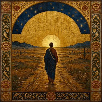 a solitary figure walking toward a glowing horizon across an empty plain, moody atmosphere, no text or lettering