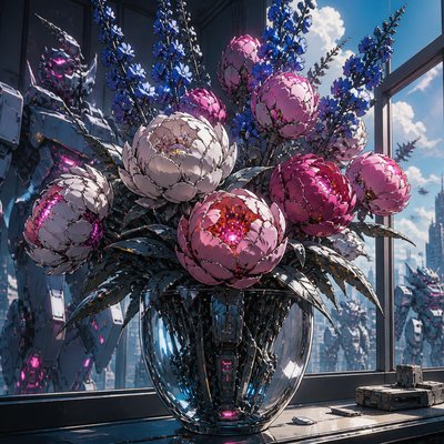 bouquet of peonies, delphiniums and roses in a clear glass vase on a windowsill, no people