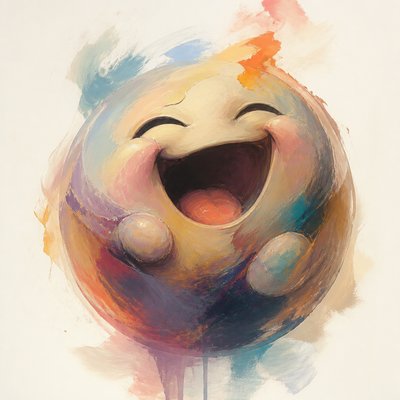 an exaggerated laughing face of an original round mascot character, bold and readable at small size, plain background, no text