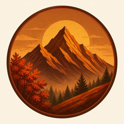 an emblem of a mountain peak inside a circle, simple bold shapes on a plain background, no text or lettering