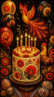 a birthday cake with lit candles surrounded by balloons and confetti, festive vertical composition, no text