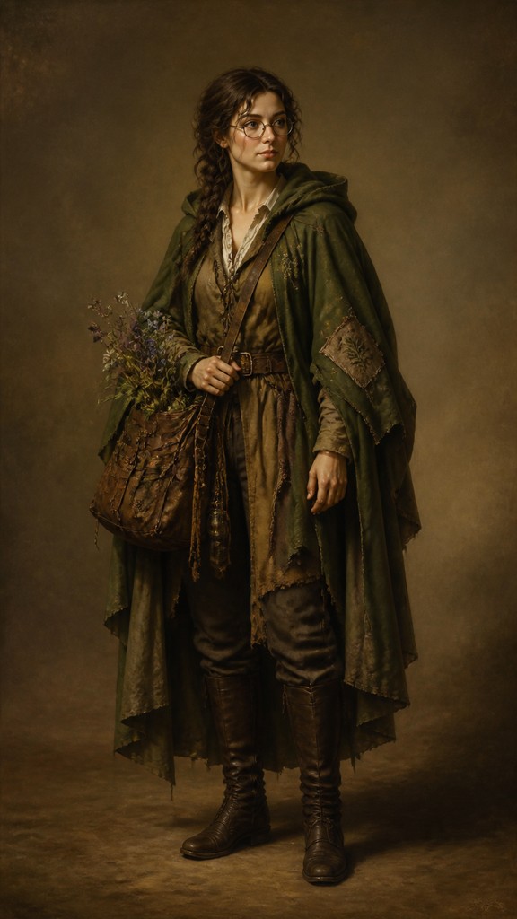 full-body original character: a wandering botanist with a satchel of plants, a patched green cloak, tall boots and round glasses, neutral background