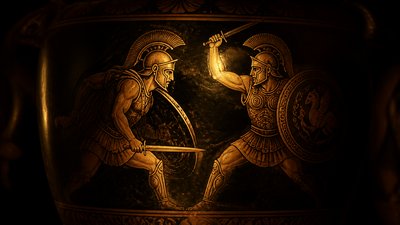 ancient greek warriors with swords vase painting
