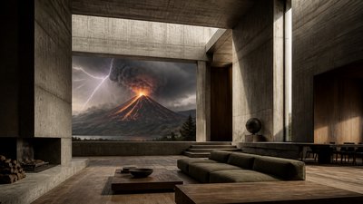 an erupting volcano with lightning strikes, dramatic wide composition, no text