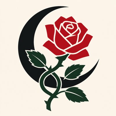 a rose entwined with a crescent moon, clean balanced composition on a plain background, no text