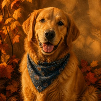 portrait of a golden retriever wearing a blue bandana, warm plain backdrop, no text