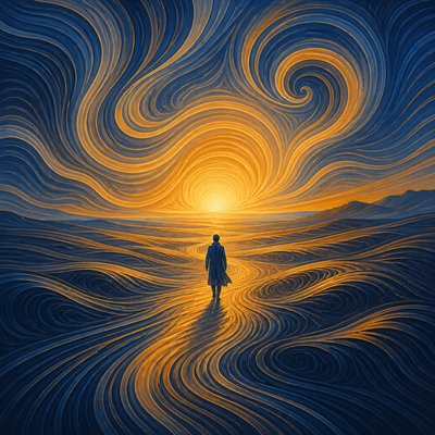 a solitary figure walking toward a glowing horizon across an empty plain, moody atmosphere, no text or lettering