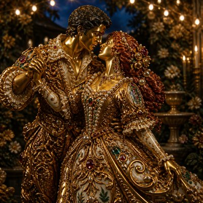 an original couple dancing under string lights in a garden at dusk: a man with short black hair in a linen shirt and a woman with braided red hair in a summer dress