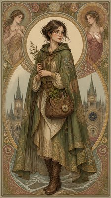 full-body original character: a wandering botanist with a satchel of plants, a patched green cloak, tall boots and round glasses, neutral background