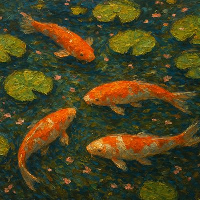 A koi pond seen from above, orange and white koi fish swimming among lily pads, clear water with subtle ripples, fallen cherry blossom petals floating on the surface, dappled sunlight