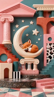 a sleeping baby fox curled on a crescent moon among soft stars, gentle and warm, no text