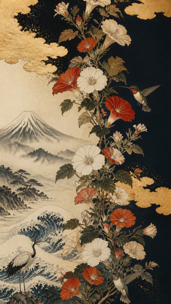 a climbing vine of flowers and hummingbirds on a dark background, tall wrapping composition, no text