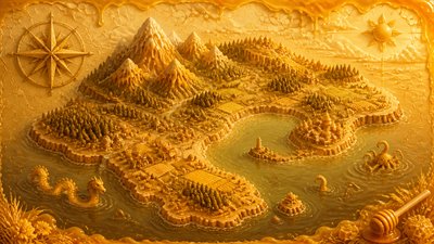 a map of an island realm with mountains, forests, a sheltered bay, sea monsters in the water and a compass rose, no text labels