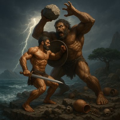 a painting of two men fighting over a stone