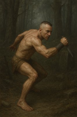 a painting of a man holding a knife in a forest