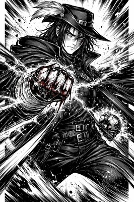 a drawing of a man in a hat holding a sword