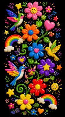 a climbing vine of flowers and hummingbirds on a dark background, tall wrapping composition, no text