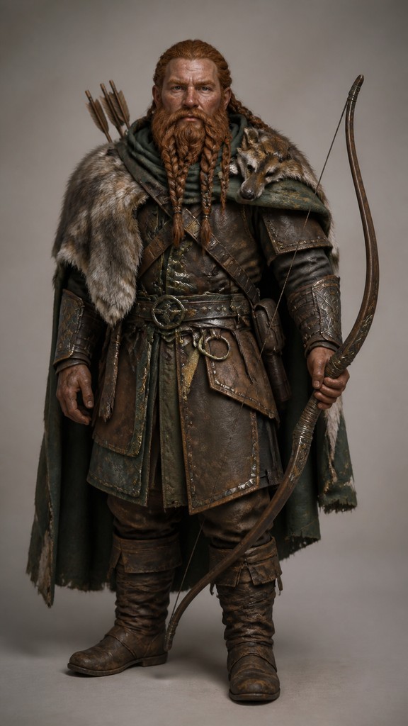 full-body original character: a dwarven ranger with a braided auburn beard, worn leather armor, a longbow and a wolf-pelt cloak, neutral background, no text